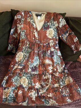 HEMANT & NANDITA Rust Floral Long Sleeve Tiered Dress